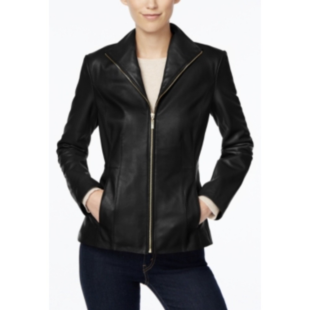 Cole Haan Wing Collar Lamb Leather Jacket Black Size Large NWT